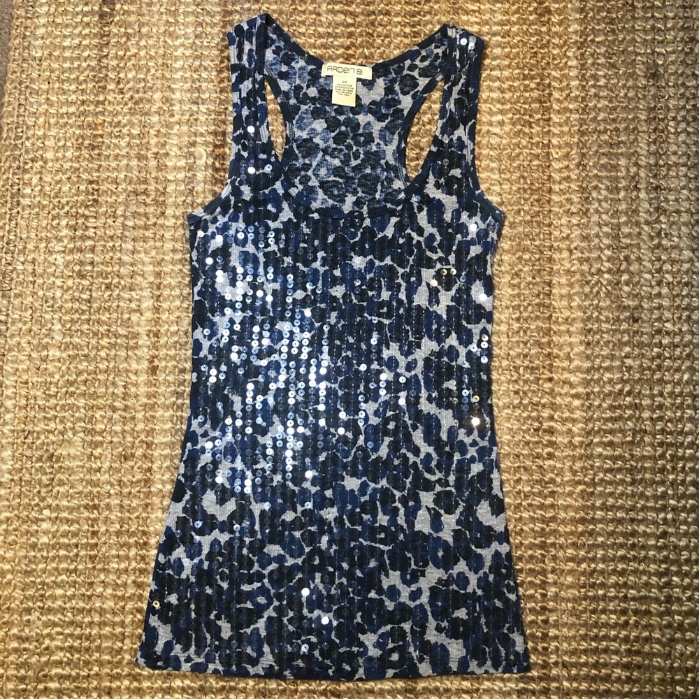 Arden B Blue Sequin Leopard Print Tank Top